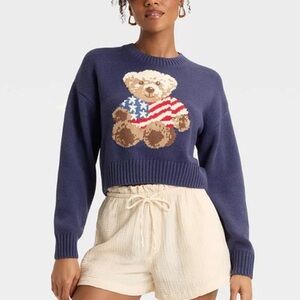 Grayson Threads Navy Teddy Bear Flag Graphic Sweater